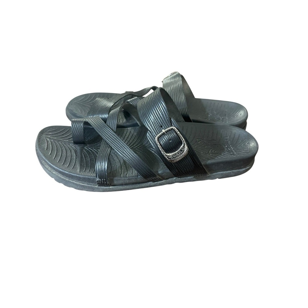 KuaiLu Women Sz 8 Black Orthopedic Slide Sandal Toe Ring Buckle Arch Support